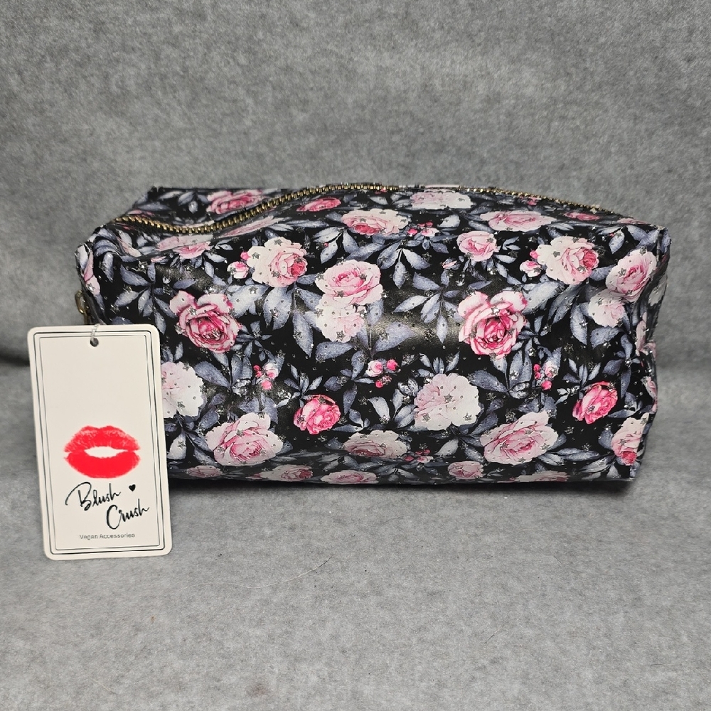 Blush Crush Floral Black and Pink Women's Cosmetic Bag NWT